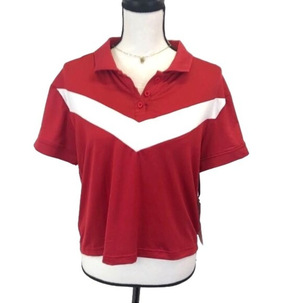 NWT Crave Fame Womens Red White Stripe Short Sleeve Polo Crop Top Juniors L